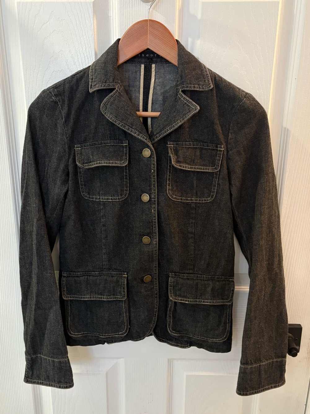 Theory Black Denim Jacket with Button Front
